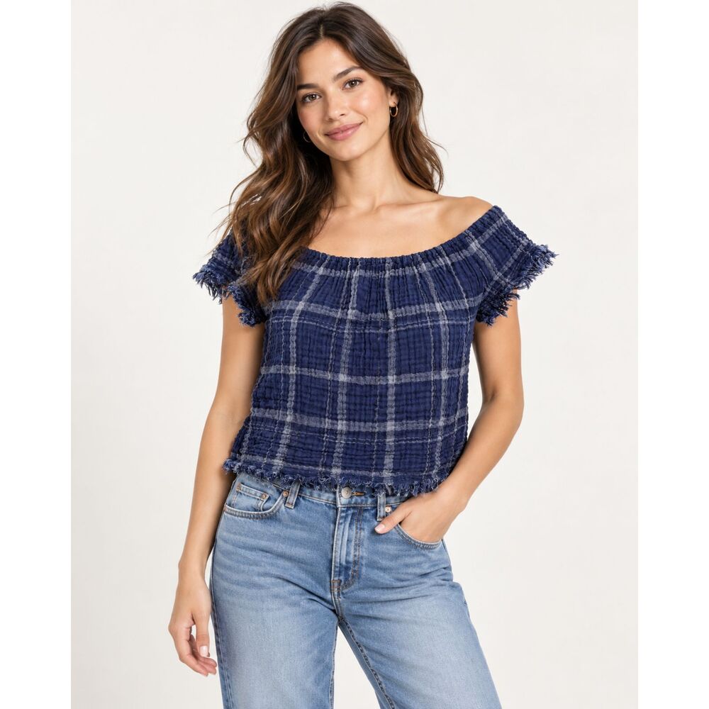 Lucky Brand Blue Plaid Woven Top Raw Hem Quilted Summer Casual Gauzy